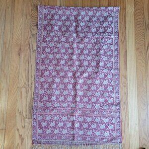 Vintage Handmade Red & Gold Elephant Pattern Silk & Rayon Table Runner With Frin